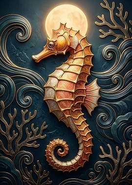 Golden Seahorse Under the Moon