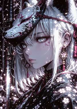 Anime Kitsune Girl with Mask and Sword