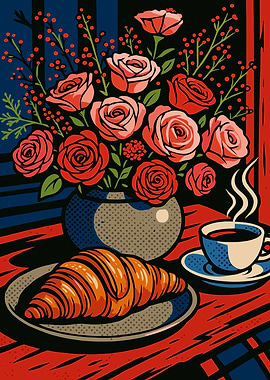 Floral Still Life with Coffee and Croissant