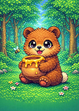 Cute Bear with Honey Pot and Bee