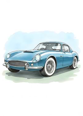 Blue Vintage Sports Car Watercolor Illustration