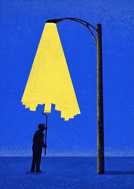 Artist paints city lights on a street lamp beam