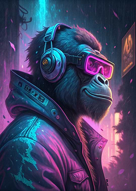 Cyberpunk Gorilla with Headphones and Goggles