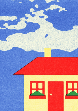 Minimalist House with Red Roof and Blue Sky