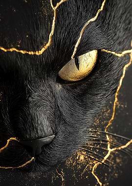 Elegant black cat with golden kintsugi