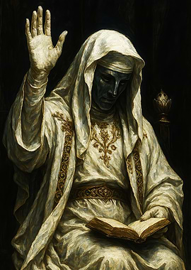 Mysterious Figure in White Robes Reading a Book