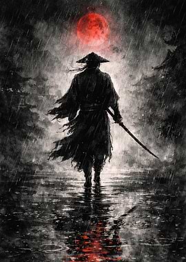 Samurai in Red Moon Rain