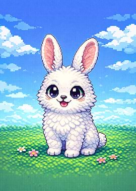 Pixel Art White Bunny in Field