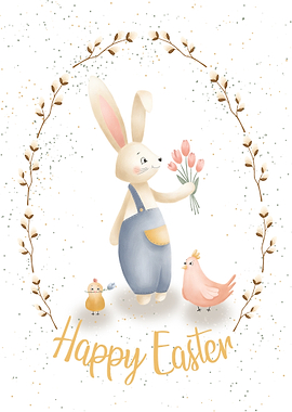 Cute Easter Bunny with Chicks and Flowers
