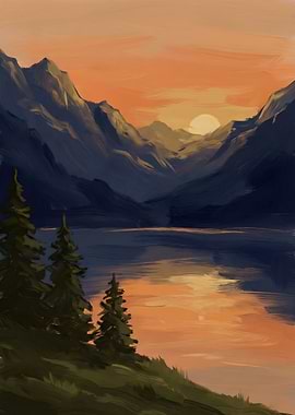 Mountain Lake Sunset Painting