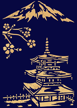 Japanese Mountain Pagoda and Cherry Blossoms