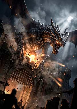 Dragon attacking a castle gate