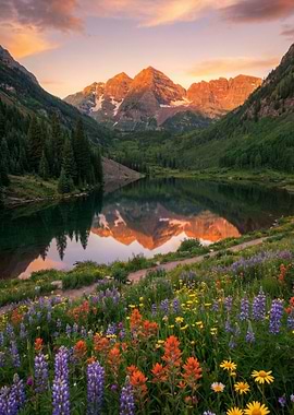 Maroon Bells Sunrise with Wildflowers