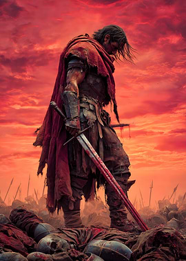 Warrior in a bloody battlefield