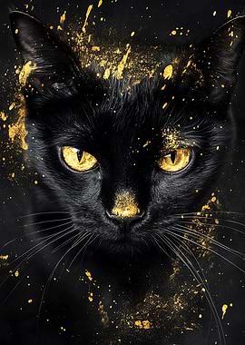 Black cat with golden splatter