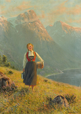 Young Woman in Traditional Norwegian Dress with Milk Pails