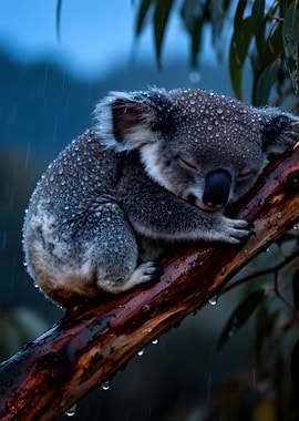 Koala sleeping in the rain