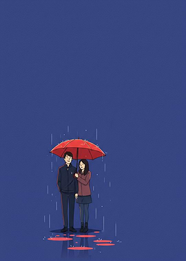 Couple Under Red Umbrella in Rain