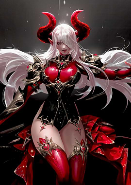 Demoness with White Hair and Red Horns
