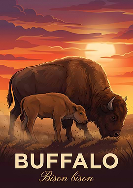 Buffalo and Calf at Sunset