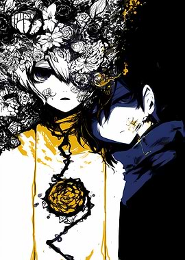 Two anime characters with floral elements