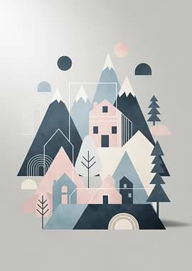 Geometric Mountain Village Illustration