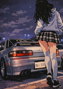 Anime Girl and Sports Car at Night