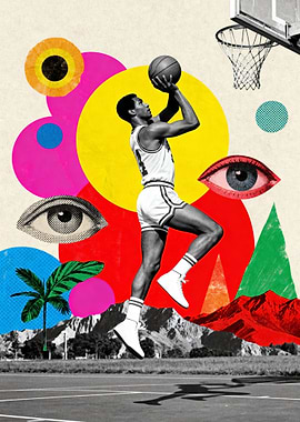 Basketball Player Mid-Jump with Abstract Elements