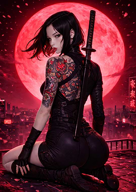 Tattooed Assassin Under a Red Moon