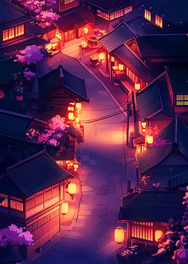 Japanese street at night with cherry blossoms
