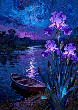 Night Iris River Painting