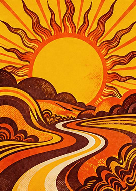 70s PSYCHEDELIC - Retro Sun Landscape Groovy Abstract