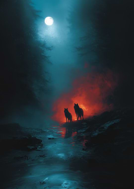 Wolves by a Fire in the Moonlight