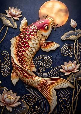 Koi Fish and Lotus Flowers