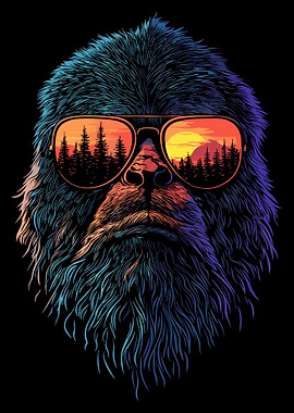 Retro Bigfoot Poster, Sunset Sunglasses Sasquatch Wall Art, Vaporwave Style Print