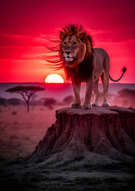 Lion on a rock at sunset