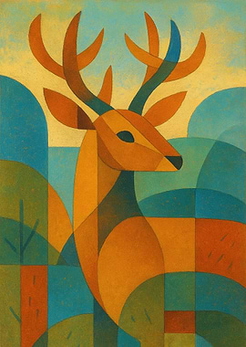 Geometric Deer in a Stylized Landscape