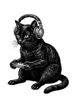 Black Cat Gamer with Headphones