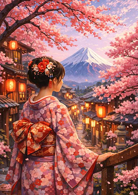 Woman in Kimono with Mt. Fuji View