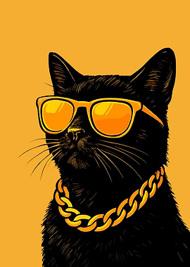 Cool Black Cat with Sunglasses and Gold Chain