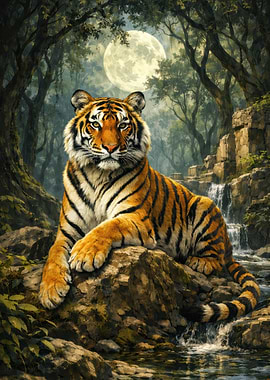 Tiger in a moonlit forest