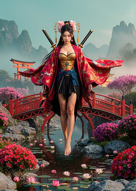 Samurai Woman in Japanese Garden