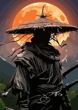 Samurai Warrior Under a Full Moon