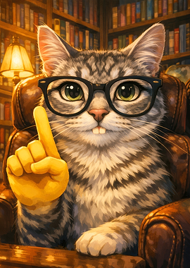 Cat in glasses in library