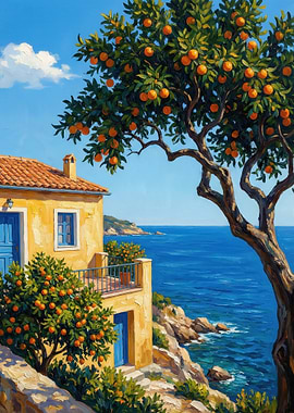 Mediterranean Villa with Orange Trees by the Sea