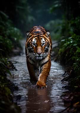 Tiger walking in a stream