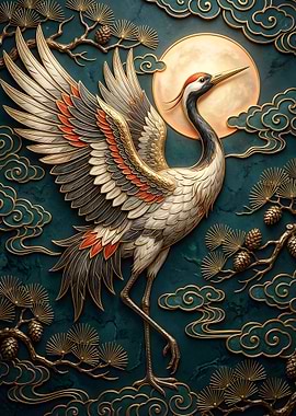 Elegant Crane with Moon and Clouds