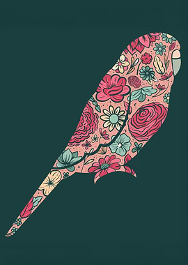 Floral Budgie Illustration – Botanical Parakeet Wall Art