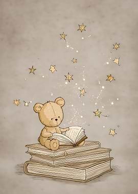 Teddy Bear Reading Books Under Stars