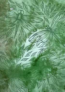 Dragonflies and Leaves Watercolor Art
